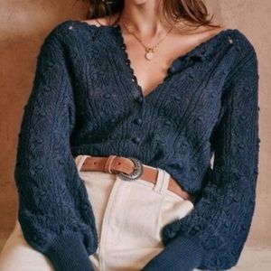 Sezane Artie Jumper Cardigan Navy Blue Crochet Small